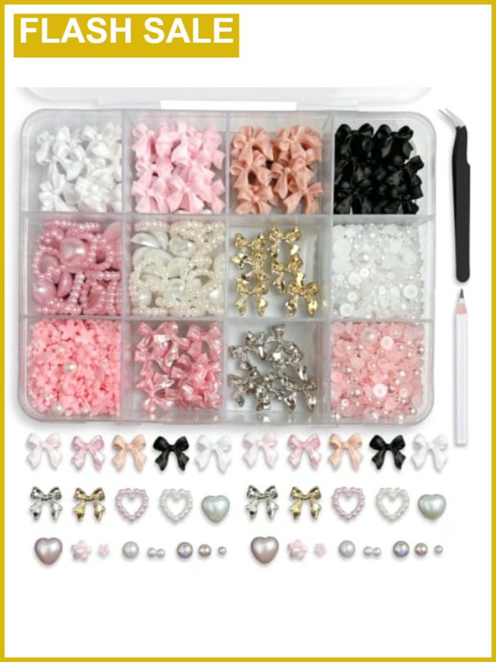 3D Nail Charms Kit Resin Bows Flowers Pearls Nail Art Decoration Set